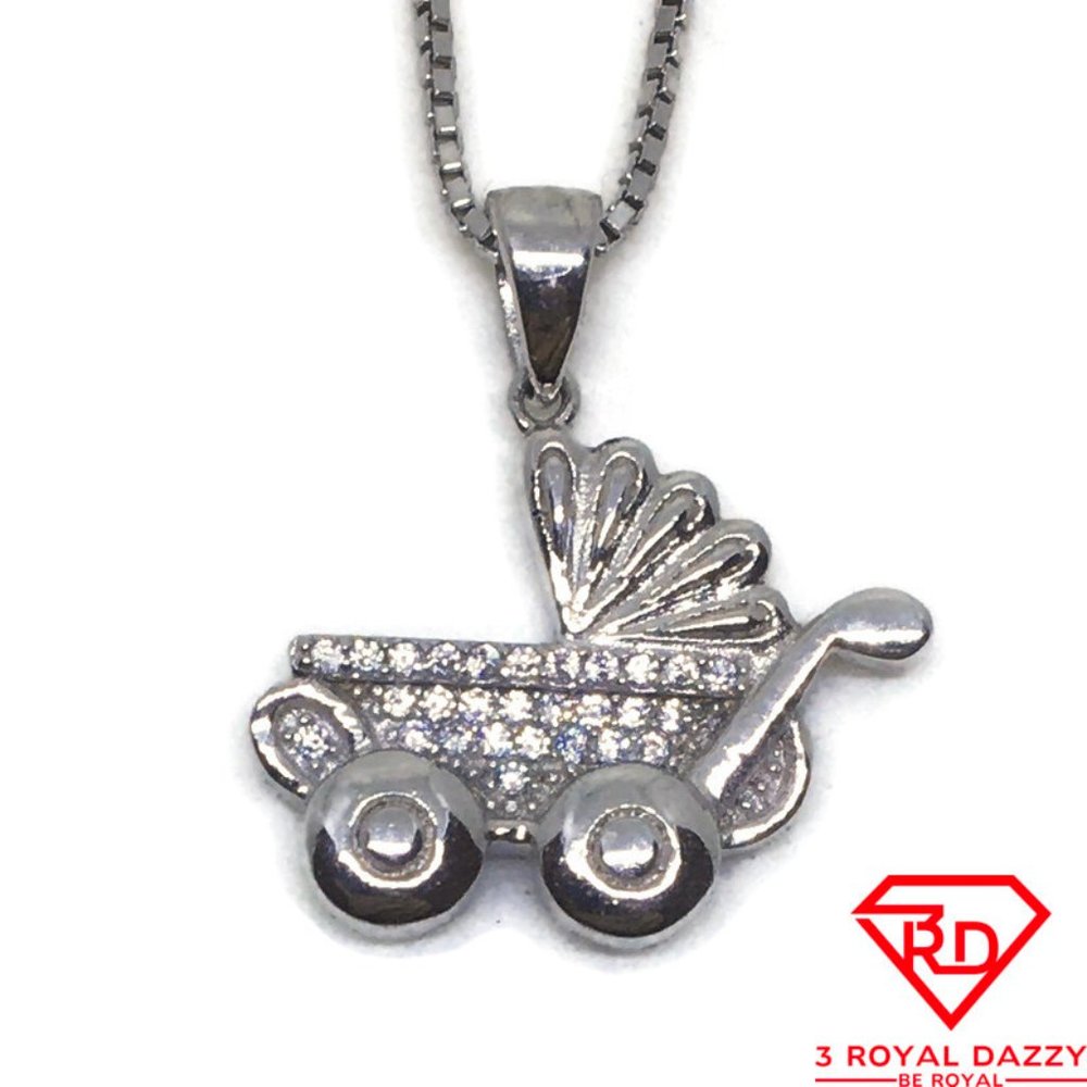baby Stroller CZ charm Pendant White Gold layer